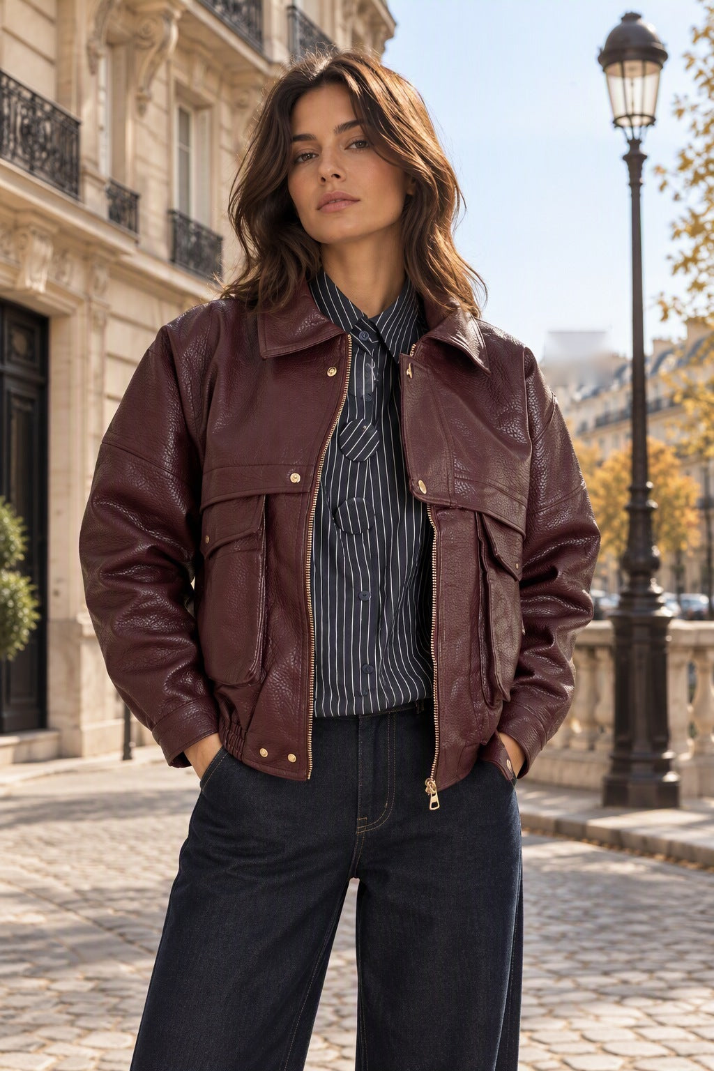 Visuel d'inspiration : veste Anaïs portée ouverte sur une chemise à rayures