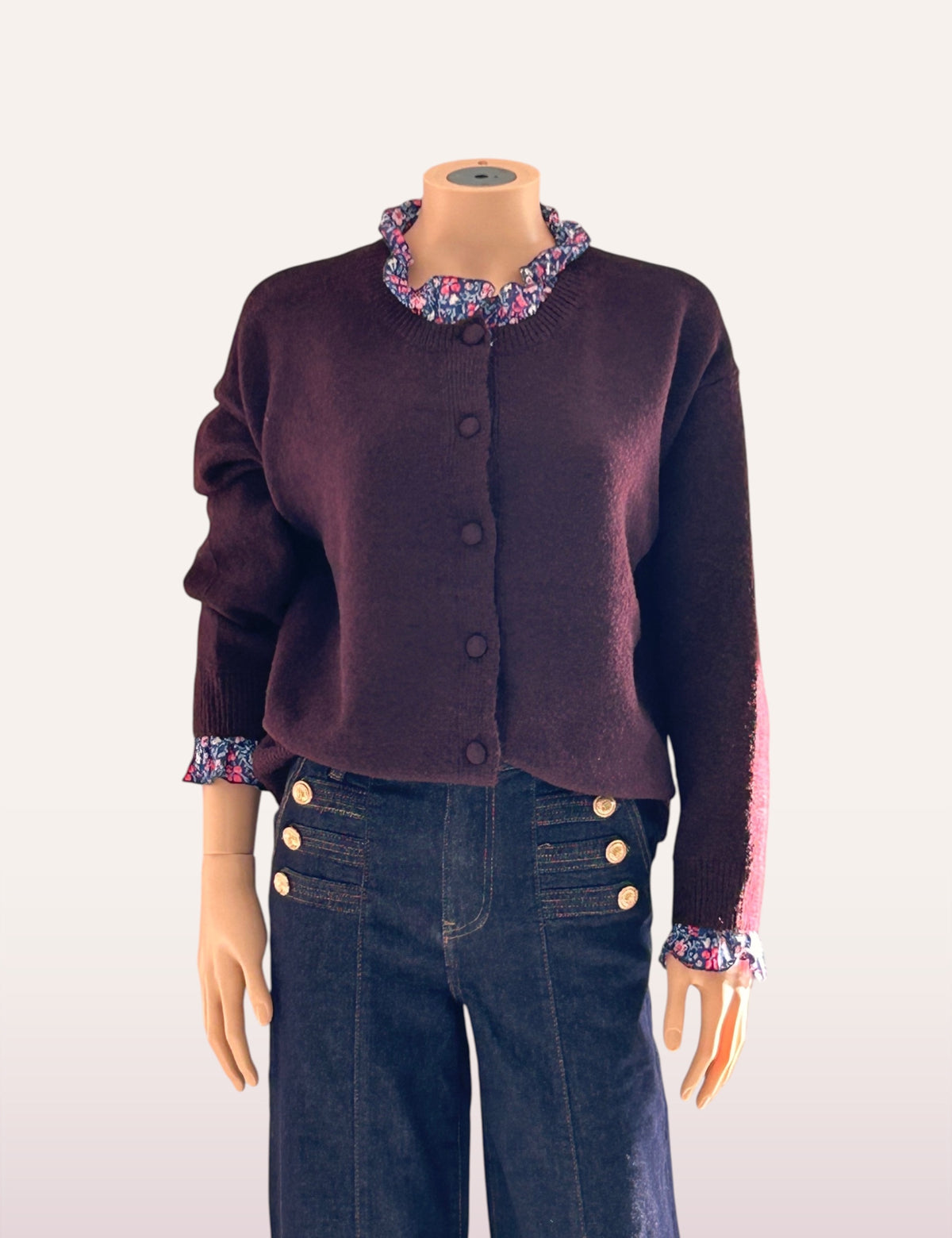 Gilet maille Rose prune à col fleuri - vue de face